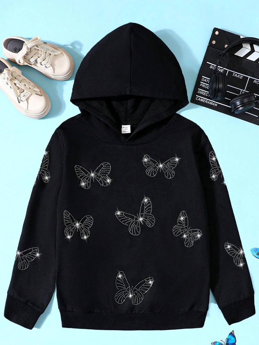 SHEIN 女大童蝴蝶印花連帽運動衫 - 黑色 - 查看 1