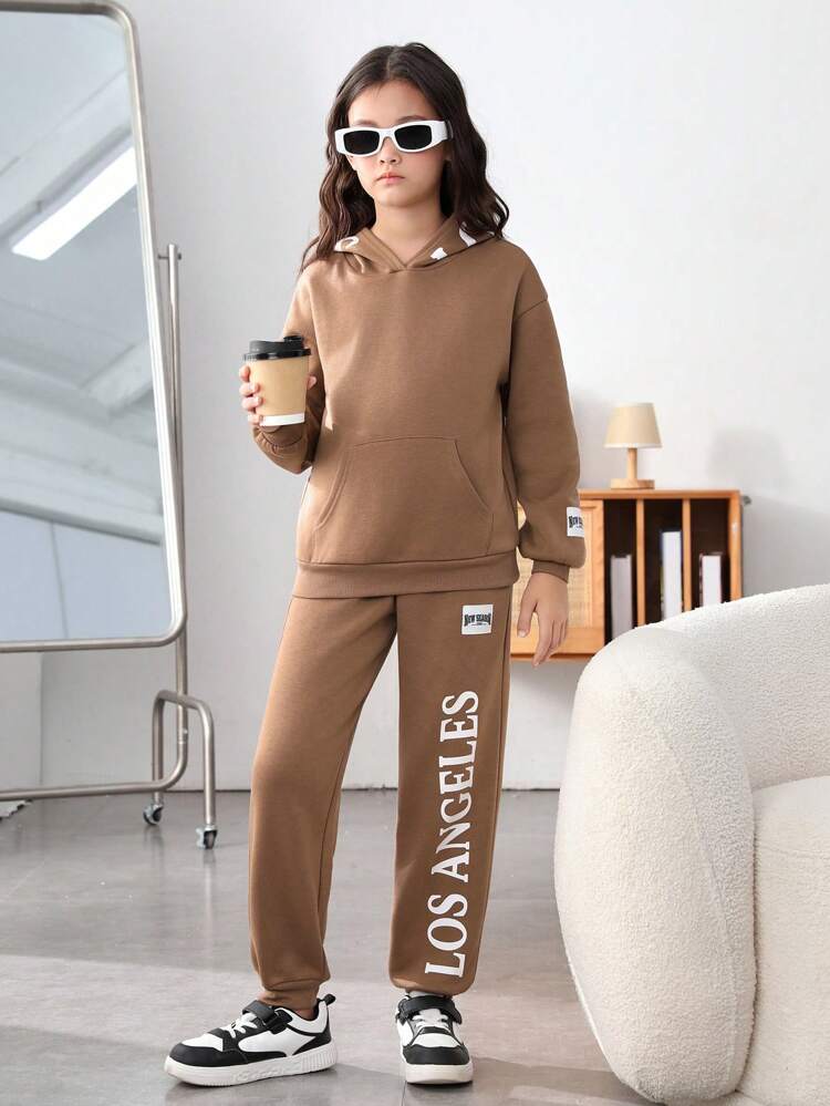 2pcs Girls Fleece Solid Color Letter Graphic Hoodie And Relaxed Fit Sweatpants Set, Thickened