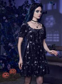 Corpse Bride | ROMWE Butterfly Print Velvet Dress - Multicolor - View 4