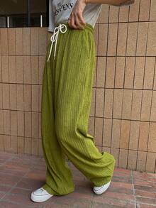 FRIFUL 純色抽繩腰闊腿褲 - 綠色 - 查看 5