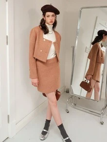 Solid Color Double-Breasted Square Collar Elegant Short Long Sleeve Jacket - Camel - View 4