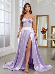 Ruched Split Thigh Tube Formal Dress - Mauve Purple - View 6