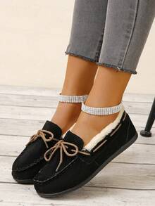 Women's Fashionable Plus Size Black Round Toe Slip-on Warm Bowknot Detail Comfortable Flat Shoes - Black - View 2