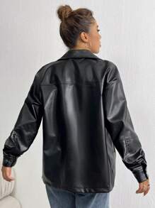 Flirla Drop Shoulder Zip Up PU Leather Coat