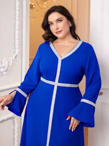 Al Najma Plus Contrast Trim Flounce Sleeve Dress - Blue - View 3