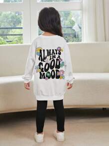 SHEIN Young Girl Slogan Graphic Drop Shoulder Sweatshirt & Leggings - Black - View 3