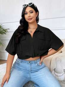 SHEIN EZwear Plus Flap Pocket Knot Hem Crop Blouse - Black - View 1