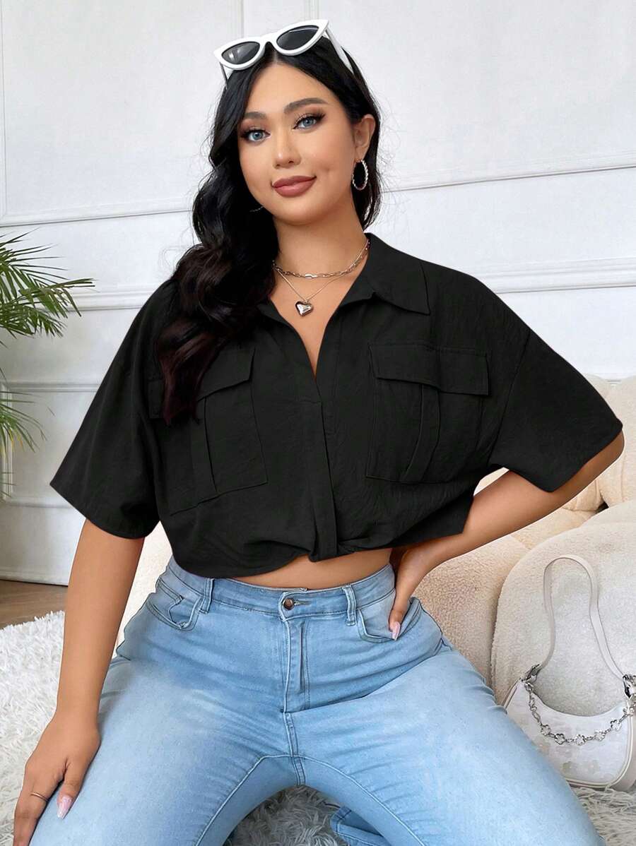 SHEIN EZwear Plus Flap Pocket Knot Hem Crop Blouse - Black - View 1