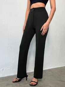 High Waist Straight Leg Pants - Black - View 4