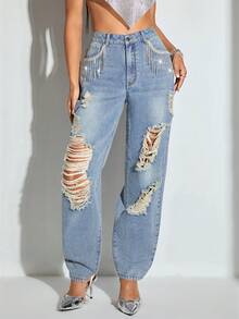 SHEIN BAE Jeans de pierna recta con diseño de diamante de imitación desgarro