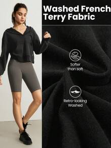 GLOWMODE Washed French Terry Retro Kangaroo Pocket Hoodie With Thumbhole - Dark Grey - View 6