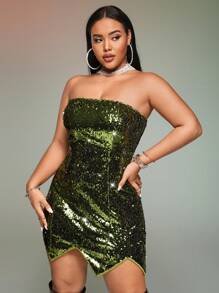 SHEIN ICON Plus Asymmetrical Hem Sequin Tube Dress - Green - View 3