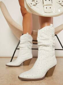 SHUZIA Pointy Toe Beaded Slip On Slouchy Boots - Beige - View 1