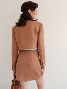 Solid Color Double-Breasted Square Collar Elegant Short Long Sleeve Jacket - Camel - View 3
