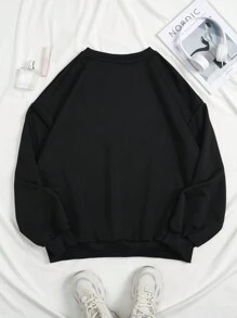 SHEIN Coolane 大碼骷髏&字母圖案落肩袖運動衫 - 黑色 - 查看 2