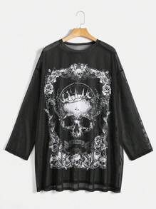 SHEIN EZwear Plus Halloween Skull Print Drop Shoulder Mesh Top Without Bra - Black - View 1
