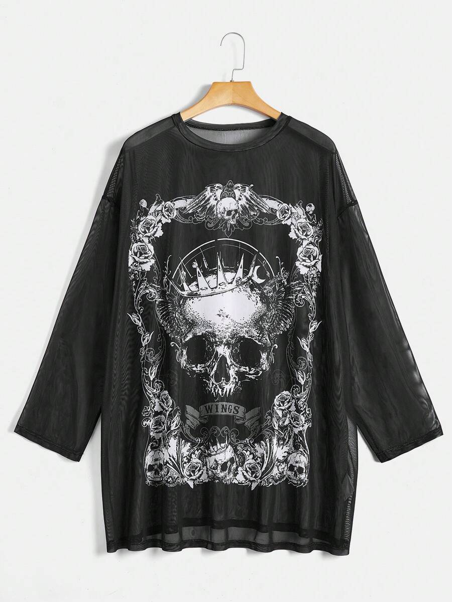 SHEIN EZwear Plus Halloween Skull Print Drop Shoulder Mesh Top Without Bra - Black - View 1