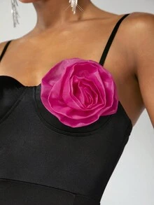 SHEIN BAE Contrast Flower Applique Split Hem Satin Cami Dress - Black - View 6