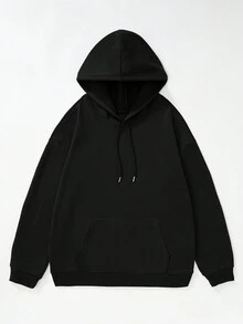 Men Plus Slogan & Angel Print Kangaroo Pocket Drawstring Thermal Hoodie - Black - View 2