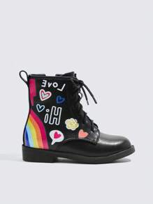 女孩公主靴子,平底學校鞋,黑色皮革短靴適用於小女孩 - 黑色 - 查看 7