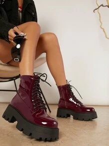 人造亮面PU皮革繫帶溝紋鞋底馬丁靴