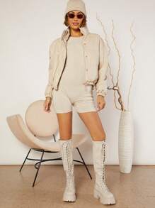 SHUZIA 人造皮革繫帶溝紋鞋底馬丁靴 - 米色 - 查看 4