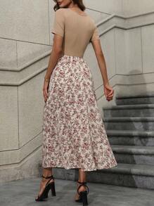 EMERY ROSE Vestido maxi estilo de línea A con estampado floral diminuto y cuello cuadrado para mujeres - Albaricoque - Ver 2