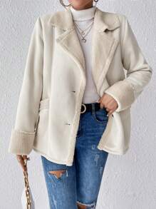 SHEIN Frenchy Cổ áo Lót Teddy áo - Màu be - Xem 4