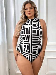 SHEIN Essnce Plus Geo Print Mock Neck Bodysuit - Black and White - View 6