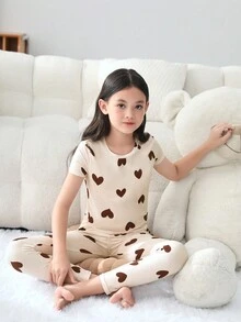 SHEIN 青少女心形印花短袖褲子緊身睡衣套裝 - 粉色 - 查看 3