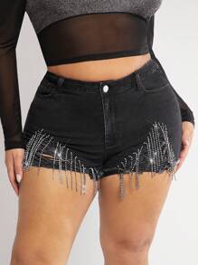 Plus Rhinestone Fringe Trim Denim Shorts - Black - View 4