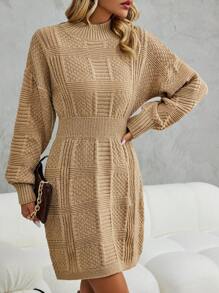 SHEIN Clasi Mock Neck Drop Shoulder Sweater Dress Fall Cloth For Women - Khaki - View 1