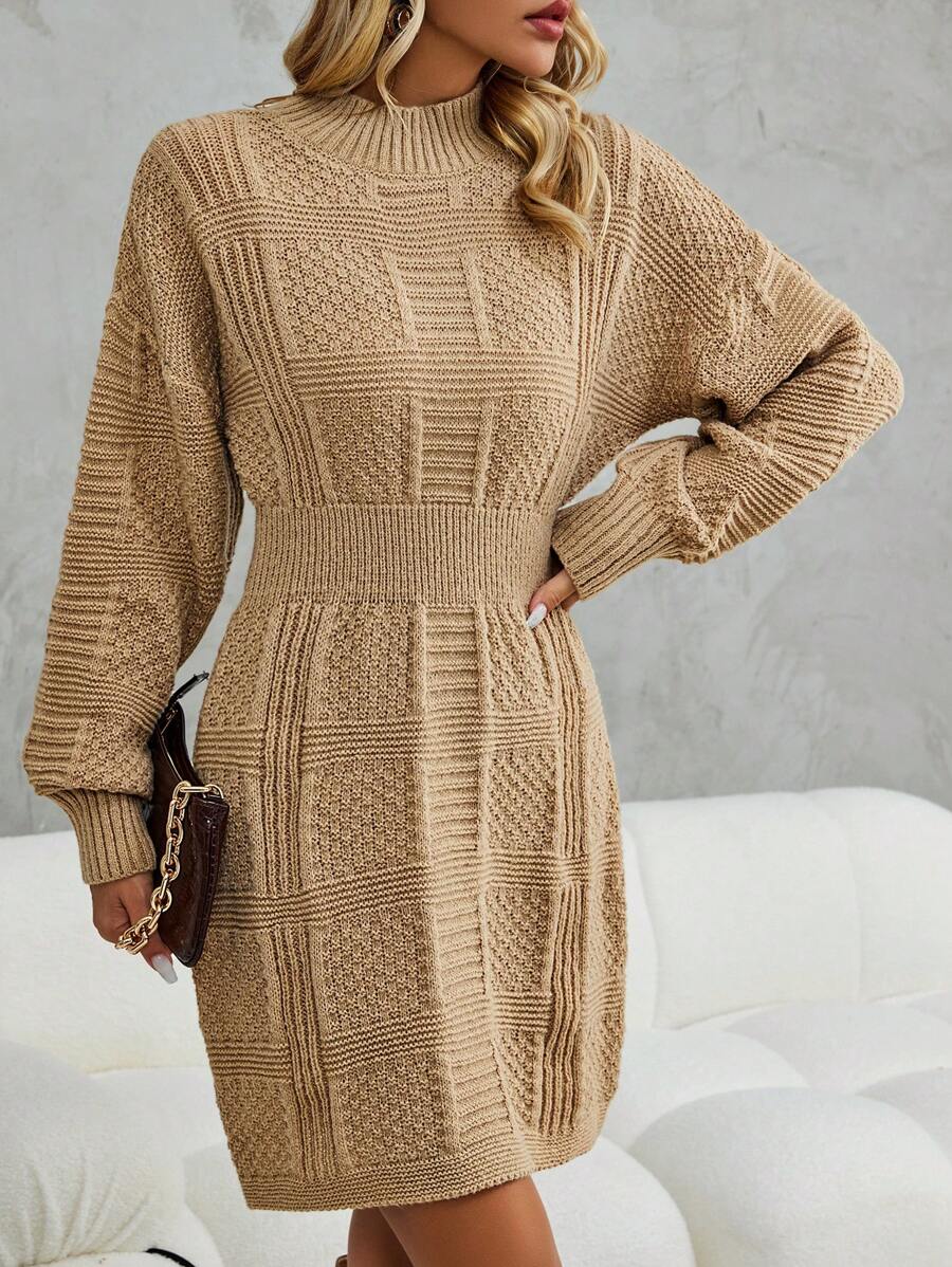 SHEIN Clasi Mock Neck Drop Shoulder Sweater Dress Fall Cloth For Women - Khaki - View 1