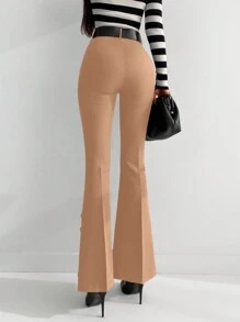 EURMUSE Button Detail Flare Leg Pants Without Belt - Camel - View 2