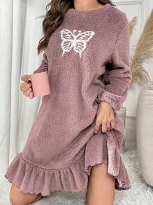 Butterfly Embroidery Ruffle Hem Flannel Lounge Dress - Brown - View 4