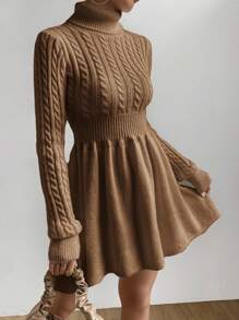 Firerie Turtleneck Cable Knit Sweater Dress In Fall/Winter - Coffee Brown - View 5