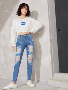 SHEIN Teen Girl Ripped Raw Hem Jeans - Medium Wash - View 3