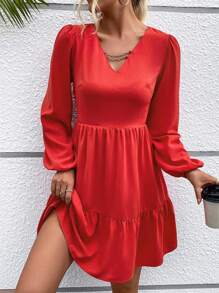 SHEIN LUNE Chain Detail Lantern Sleeve Ruffle Hem Dress - Red - View 1
