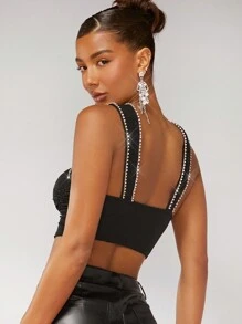 SHEIN BAE Detale z kamieniami szlachetnymi Pomarszczona Crop top - Czarne - Zobacz 2