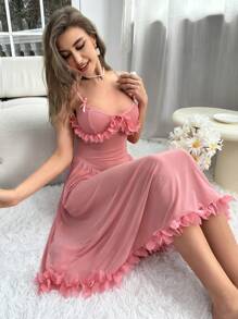 SHEIN Camisón largo con superposición de malla y ribete de volantes - Rosa vieja - Ver 3