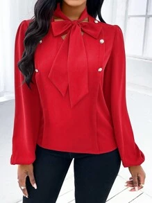 SHEIN Slayr 領口鈕扣細節燈籠袖襯衫 - 紅色 - 查看 6