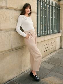 SHEIN Frenchy High Waist Plicated Detail Cropped Suit Pants - Khaki - View 6