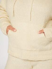 SHEIN BASICS 加袋鼠口袋落肩抽繩連帽毛衣 - 杏色 - 查看 5