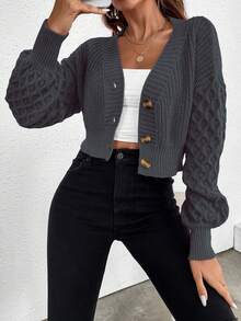 SHEIN Frenchy 麻花編織落肩袖前紐扣開襟衫 - 深灰色 - 查看 4