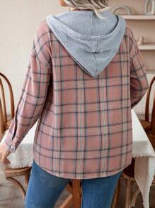 Calvaya Plus Plaid Print Drop Shoulder Drawstring Hooded Shirt - Multicolor - View 2