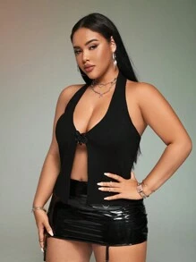 SHEIN ICON Plus Butterfly Appliques Backless Halter Knit Top - Black - View 6