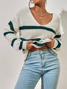 SHEIN Essnce Jersey de rayas de hombros caídos escote V - Verde Oscuro - Ver 1