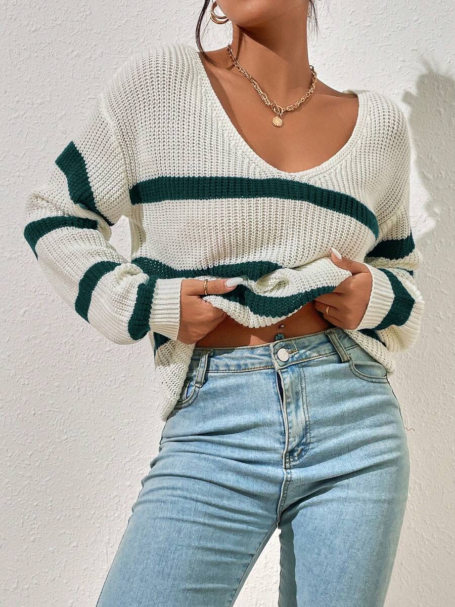 SHEIN Essnce Jersey de rayas de hombros caídos escote V - Verde Oscuro - Ver 1