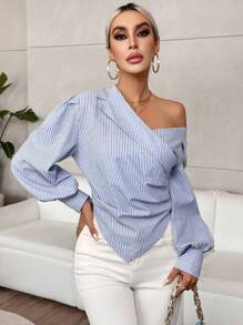 Firerie Work Women Shirts Striped Print Asymmetrical Neck Lantern Sleeve Ruched Hanky Hem Blouse