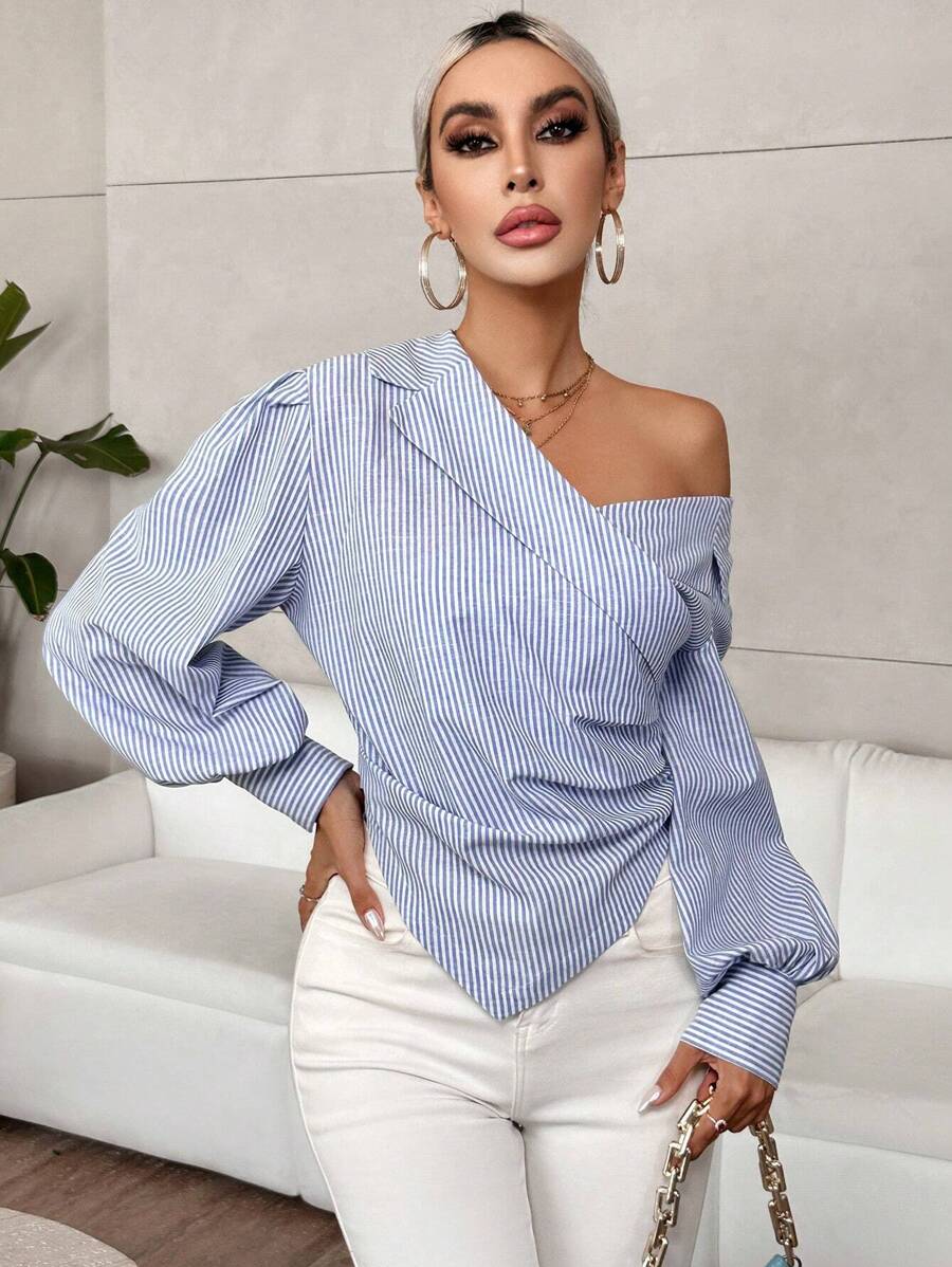 Firerie Work Women Shirts Striped Print Asymmetrical Neck Lantern Sleeve Ruched Hanky Hem Blouse